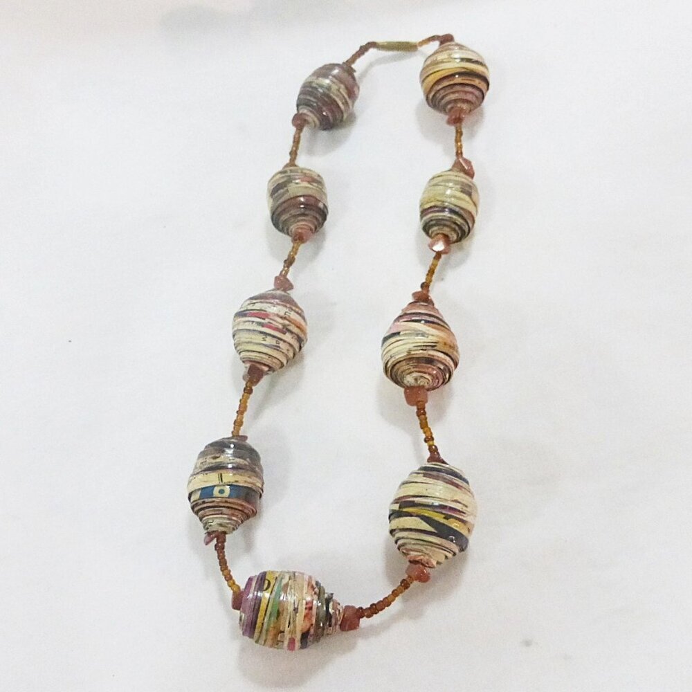 Vtg hand made recycled paper bead necklace brown goldstone festival Whimsical